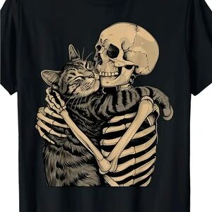 Black Cat and Skeleton Graphic T-Shirt